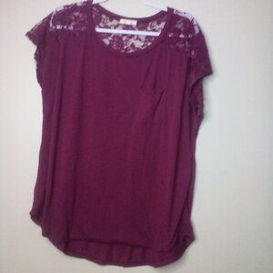 Paper Tee Blouse Shirt 1X Women Short Sleeve Lace Pocket Burgundy